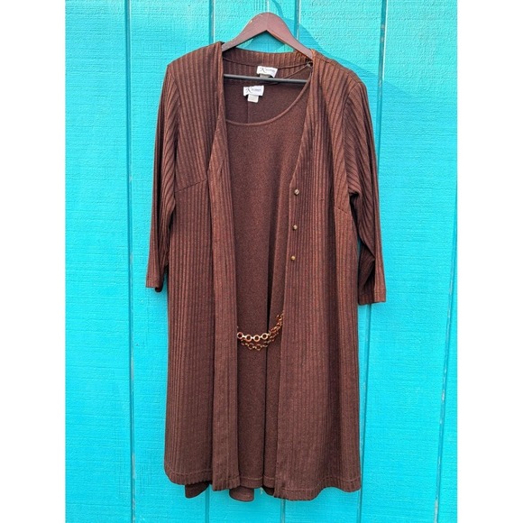K Woman Dresses & Skirts - K Woman Brown Metallic Ribbed Cardigan and‎ Chain Detail Dress 2 Piece Set 18W